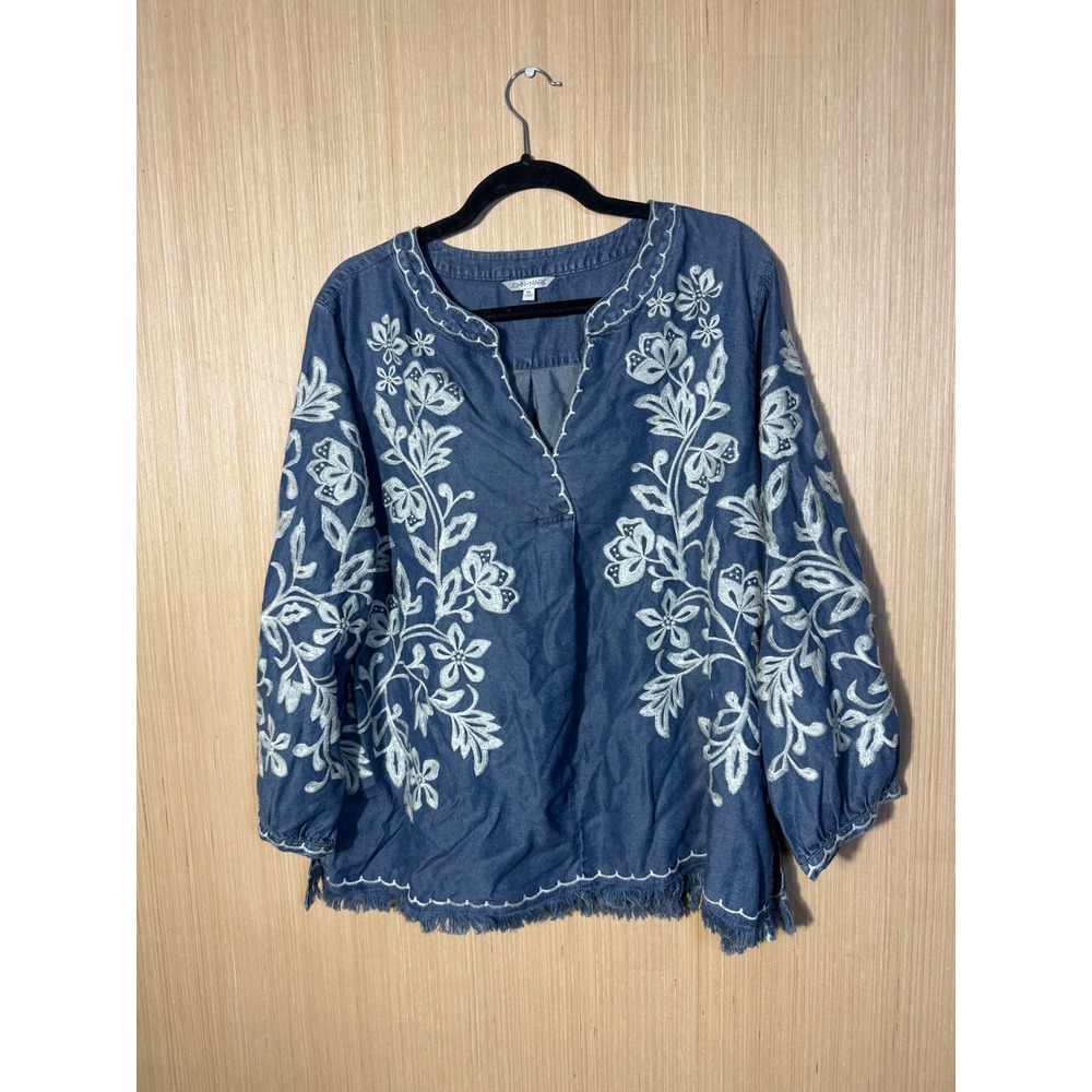 John Mark Womens XL Blue Embroidered Lyocell Chambray Tunic Frayed Hem Top